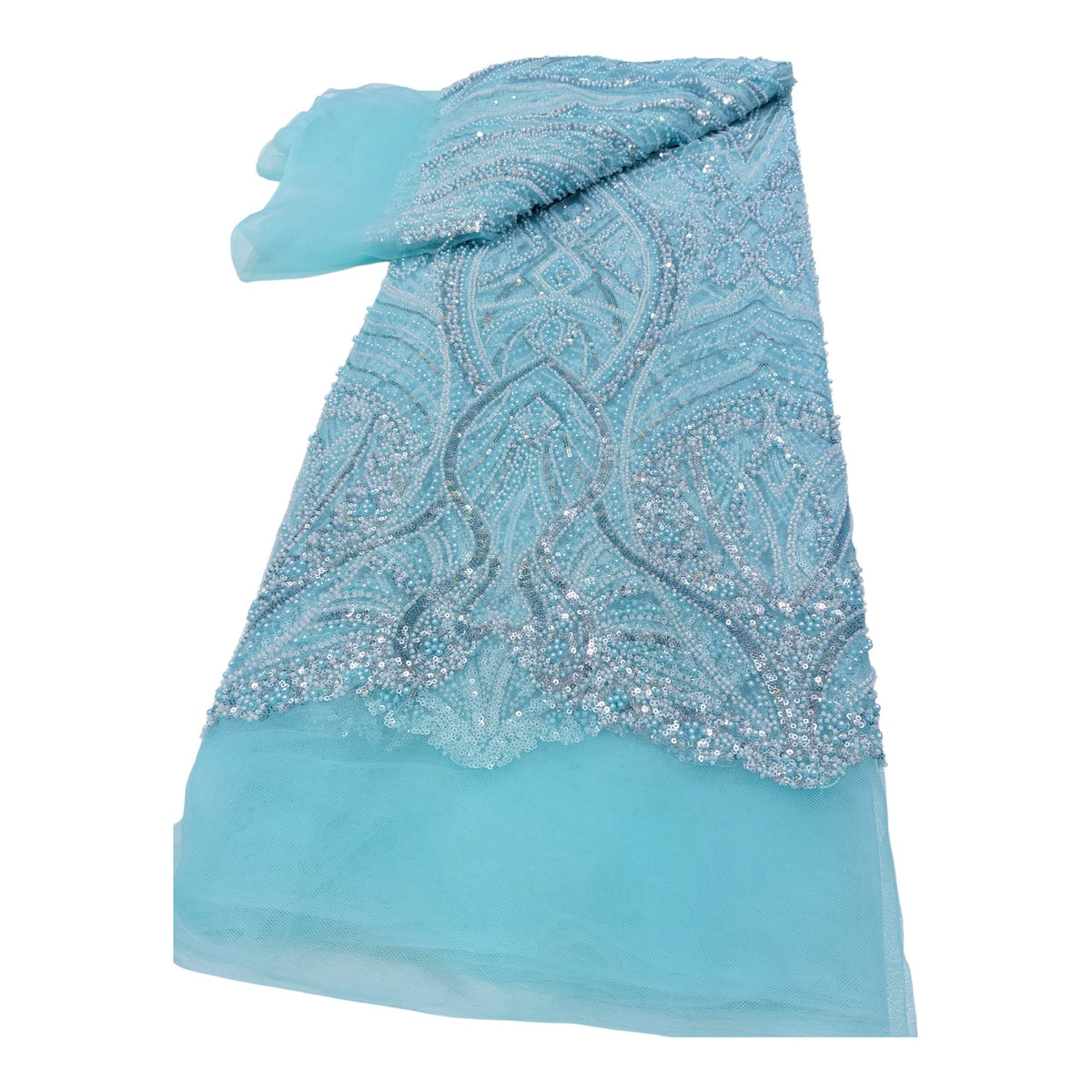 Tissu perlage bleu ciel à feuillages ondulés, au mètre