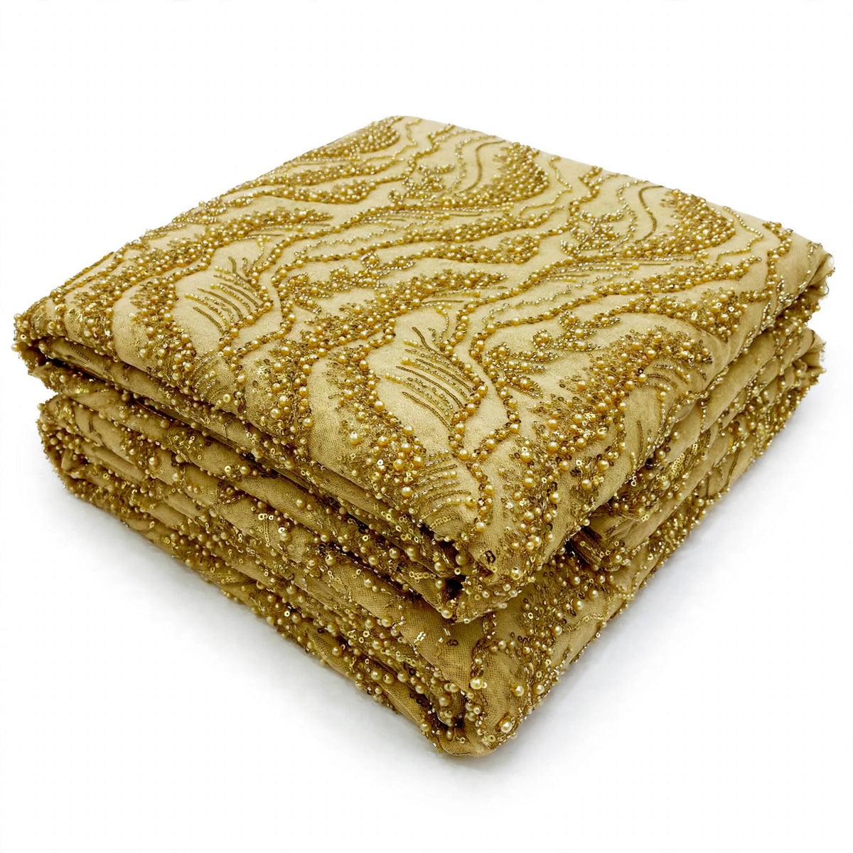 Tissu perlage doré à feuillages ondulés, au mètre