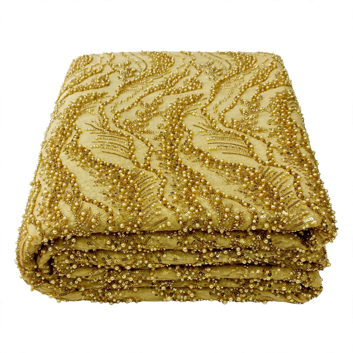 Tissu perlage doré à feuillages ondulés, au mètre