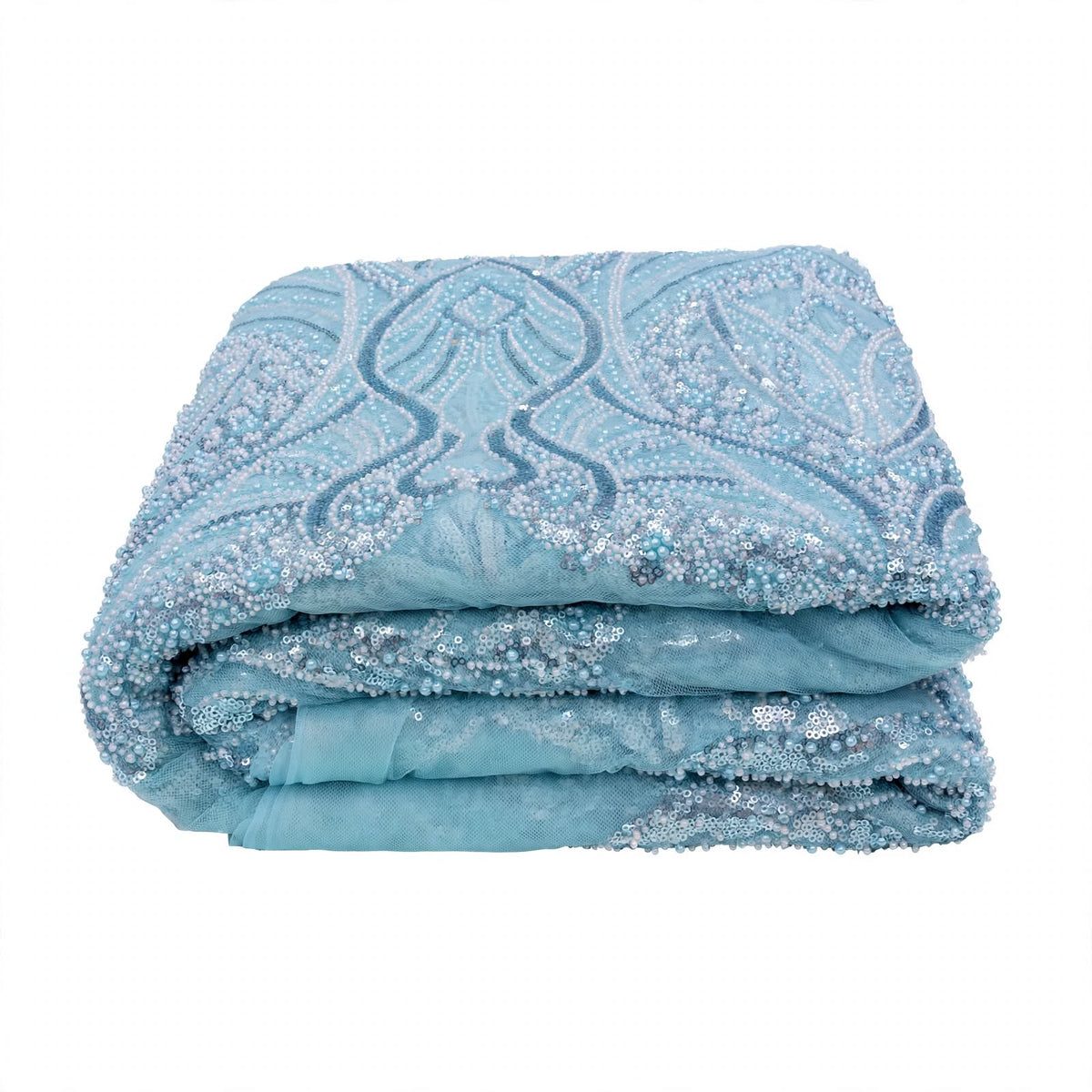 Tissu perlage bleu ciel à feuillages ondulés, au mètre
