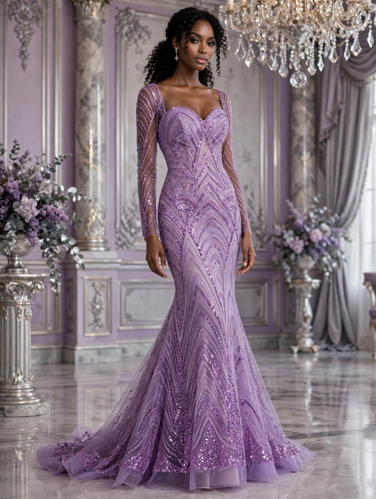 Femme en robe sirène lilas à feuillages perlés, avec manches longues transparentes et traîne, dans une salle à lustres.